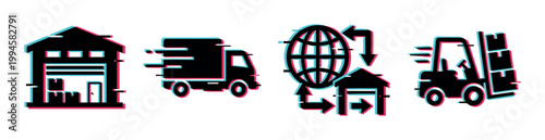 Modern logistics and shipping icons with a trendy glitch effect for global supply chain concepts.