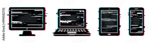 Electronic devices displaying digital glitch effects, including a monitor, laptop, tablet, and smartphone, illustrating data corruption or cyber security issues.