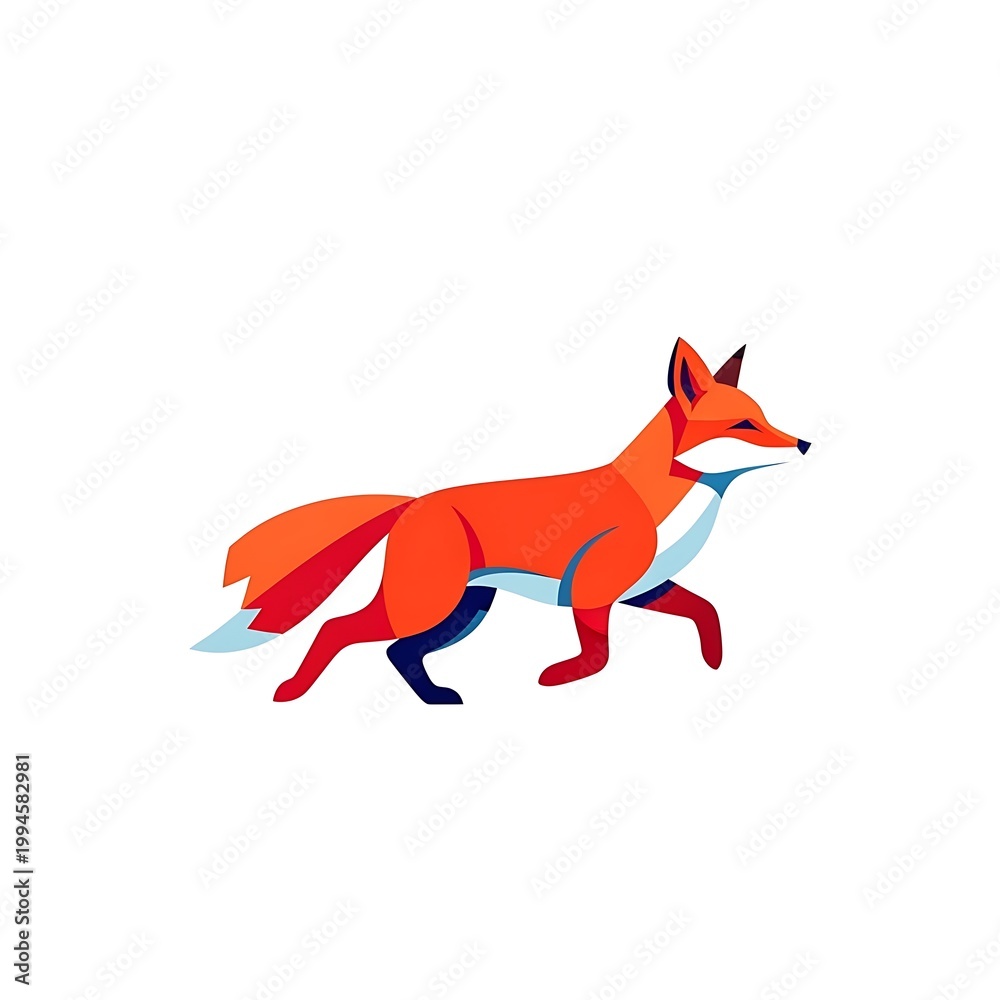 Obraz premium Stylized red fox walking illustration with geometric shapes on white background