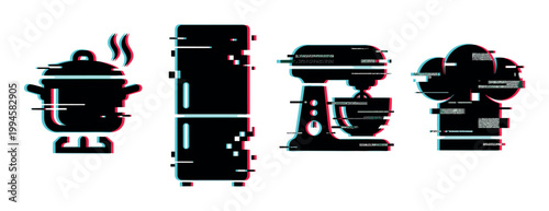 Cooking pot, refrigerator, stand mixer, and chef's hat icons with a modern digital glitch effect.