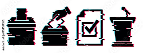 Election and voting icons with a modern glitch effect representing political processes and democratic participation.