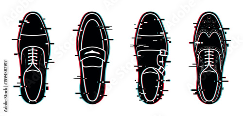 Men's dress shoes with a modern glitch effect, showcasing various classic footwear styles like oxfords, loafers, and monk straps in a minimalist vector illustration.