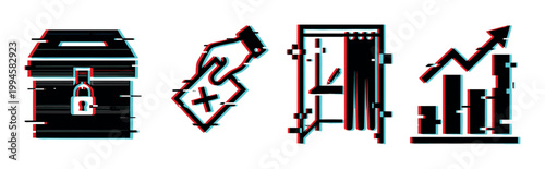 Digital glitch effect election icons featuring a secure ballot box, a hand casting a vote, a private voting booth, and a bar chart showing political results.
