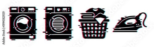 Washing machine, dryer, laundry basket, and iron icons with a modern glitch effect representing household chores and digital distortion.