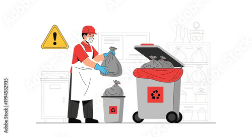 Worker in protective gear collecting trash bags into recycling bins, waste management concept