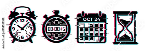 Glitch effect time icons set with alarm clock, stopwatch, calendar, and hourglass representing digital time management.