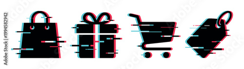 Shopping bag, gift box, shopping cart, price tag icons with modern digital glitch effect representing online shopping and e-commerce.