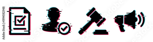 Glitch style icons representing document approval, user verification, legal judgment, and public announcement with digital distortion effect.