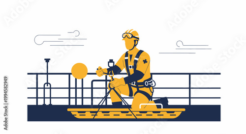 Worker in safety harness on rescue stretcher at height, industrial safety concept