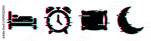 Bed, alarm clock, pillow, and moon icons with modern digital glitch effect representing sleep, rest, and night time.