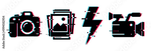 Photography and video media icons with a modern digital glitch effect, representing creative content production and visual technology.