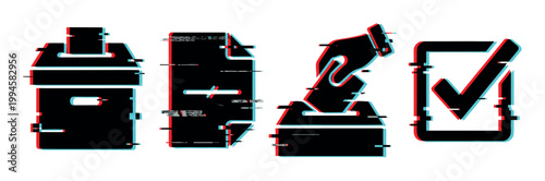 Voting icons with glitch effect showing ballot box, paper, hand casting vote, and checkmark for election concepts.