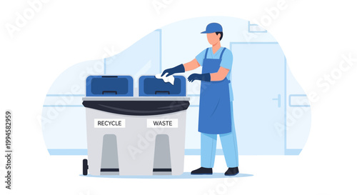 Worker sorting waste and recycling into bins, promoting eco-friendly habits