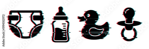 Diaper, baby bottle, rubber duck, and pacifier icons with a modern glitch effect, representing essential items for infant care and childhood.