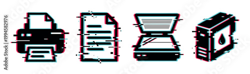Digital glitch icons of office equipment including a printer, document, scanner, and ink cartridge for modern technology concepts.