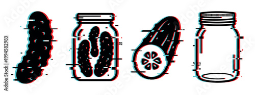 Stylized glitch effect illustration of cucumbers and canning jars, depicting fresh and pickled vegetables with a modern digital art aesthetic.