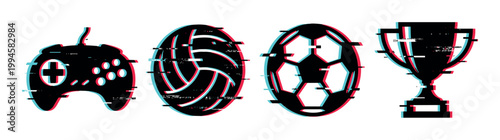 Game controller, volleyball, soccer ball, and trophy icons with a modern digital glitch effect, representing gaming and sports achievements.