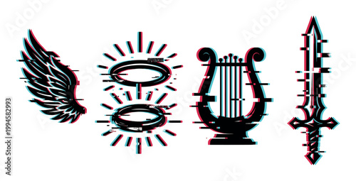 Glitch effect wing, halos, lyre, and sword vector illustration with digital distortion and RGB color shift.
