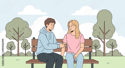 Young couple sitting on park bench, man comforting sad woman, outdoor scene