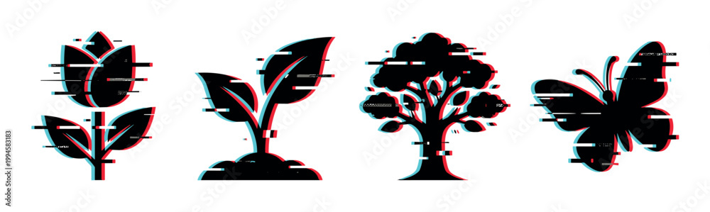 Obraz premium Glitch effect nature icons set featuring a flower, sprout, tree, and butterfly with digital distortion and modern aesthetic.