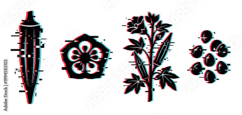 Okra vegetable plant and seeds with a modern digital glitch effect, showcasing various forms of the healthy food ingredient.