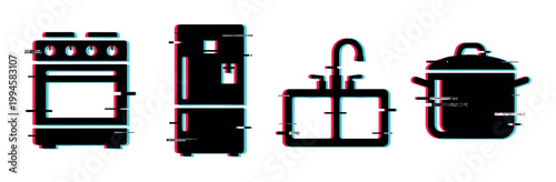 Kitchen appliances and cooking utensils with a modern digital glitch effect, representing home technology and culinary activities.