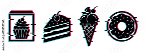 Glitch effect sweet desserts including cupcake, cake slice, ice cream cone, and donut in a modern digital style.