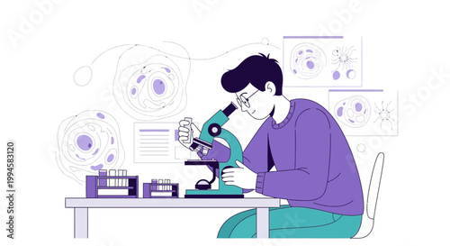 Young scientist using microscope in laboratory, studying cells and research