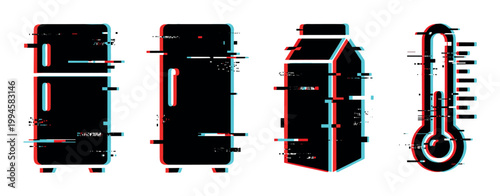Refrigerator, milk carton, thermometer icons with a modern glitch effect, symbolizing digital error and technology.