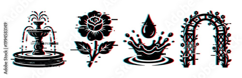Fountain, rose, water splash, and garden arch vector illustrations with a modern digital glitch effect and anaglyph colors.