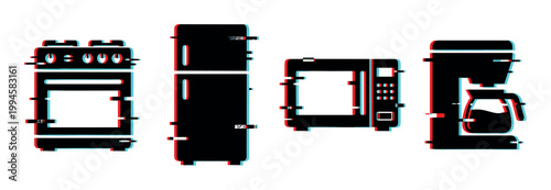 Kitchen appliances set with glitch effect, featuring a stove, refrigerator, microwave, and coffee maker in a modern digital style.