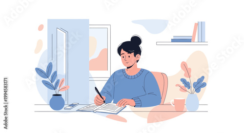 Young woman studying and writing in a notebook at a desk, home office, creative workspace