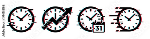 Digital glitch effect clock icons set illustrating concepts of time management, deadlines, progress, and fast-paced modern life.