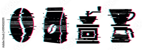 Coffee bean, bag, grinder, and pour-over icons with a modern digital glitch effect, representing brewing and preparation.