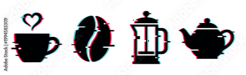 Coffee and tea icons with a modern glitch effect, representing digital disruption and contemporary beverage culture.