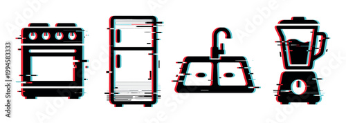 Kitchen appliances vector set with modern glitch effect featuring a stove, refrigerator, sink, and blender for digital design.