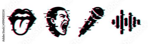 Glitch effect music icons set featuring lips, screaming face, microphone, and audio waveform for sound and voice concepts.