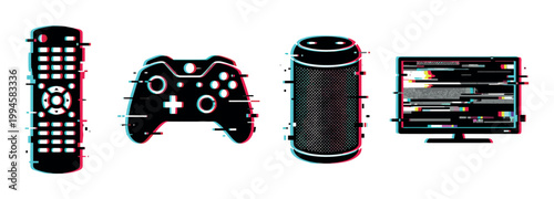 Glitch effect on remote control, game controller, smart speaker, and monitor representing digital distortion and modern technology.