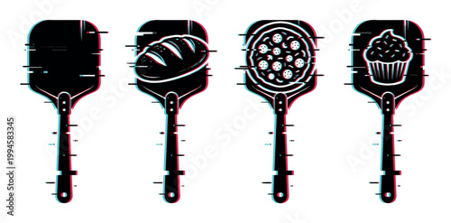 Pizza peels with glitch effect and various food items including bread, pizza, and cupcake, presented in a modern digital art style.