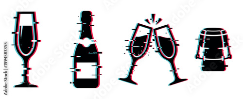 Champagne bottle, flutes, and cork cage with a modern digital glitch effect, perfect for celebrating special occasions and new year parties.