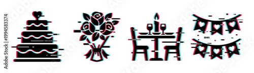 Celebration and love themed icons with a modern glitch effect, perfect for digital designs and event promotions and invitations.