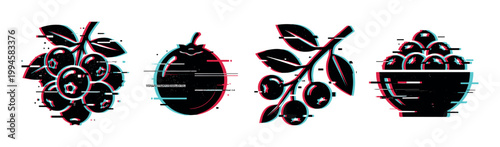 Blueberries and berry illustrations with a modern digital glitch effect, showcasing fresh fruit in a unique artistic style.