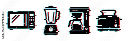 Kitchen appliances microwave, blender, coffee maker, and toaster with a modern digital glitch effect, representing technology and error.