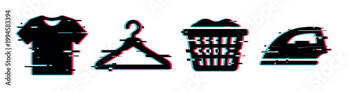 T-shirt, hanger, laundry basket, and iron icons with a modern digital glitch effect, representing clothing care and household chores.