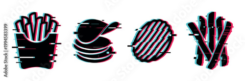 French fries and potato chips vector illustration with a trendy digital glitch effect, representing modern fast food snacks.