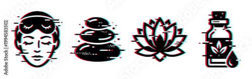 Collection of wellness and spa icons featuring a sleeping mask, stacked stones, lotus flower, and essential oil bottle with a modern glitch effect.