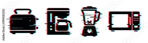 Toaster coffee maker blender microwave icons featuring a modern digital glitch effect with red and cyan color shifts.