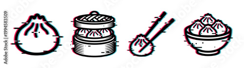 Dumplings and dim sum icons with a modern glitch effect, representing traditional Asian cuisine in a contemporary digital style.