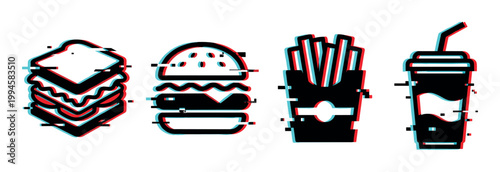 Fast food icons with glitch effect, featuring a sandwich, hamburger, french fries, and a soda drink in a modern digital style.