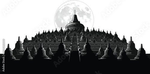 Buddhist temple, Borobudur, moon, black silhouette, gray vector illustration, ancient architecture